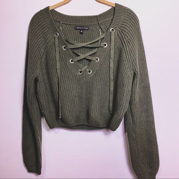 Kendall & Kylie Sweaters - KENDALL & KYLIE Green V-Neck Lace-Up Sweater